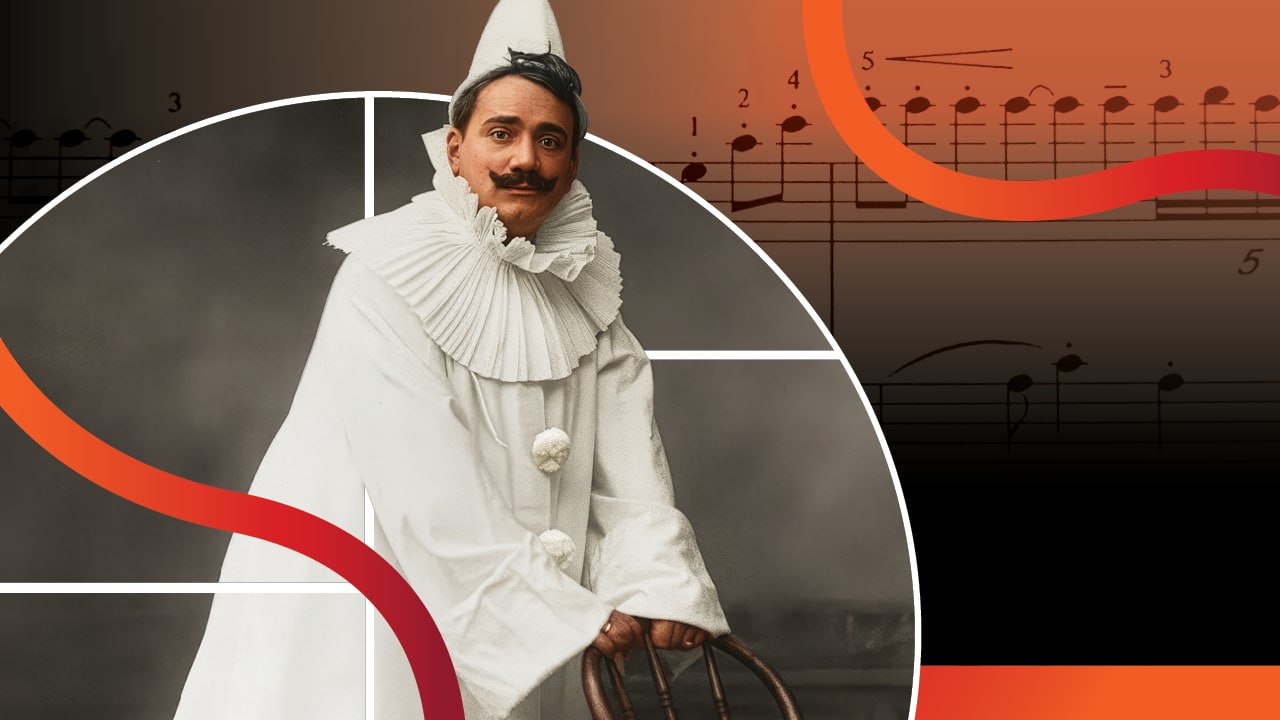 An actor dressed in a white clown's outfit as Pagliacci promoted the Fort Collins Symphony Opera and Theater Signature Concert.